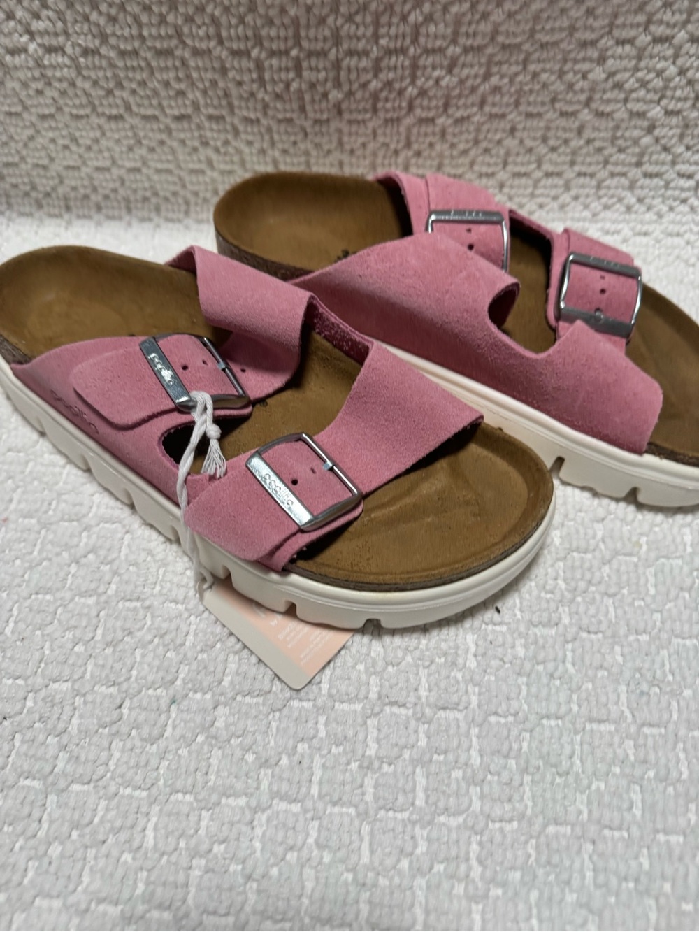 Birkenstock Pink Suede Double Buckle Platform Sandals